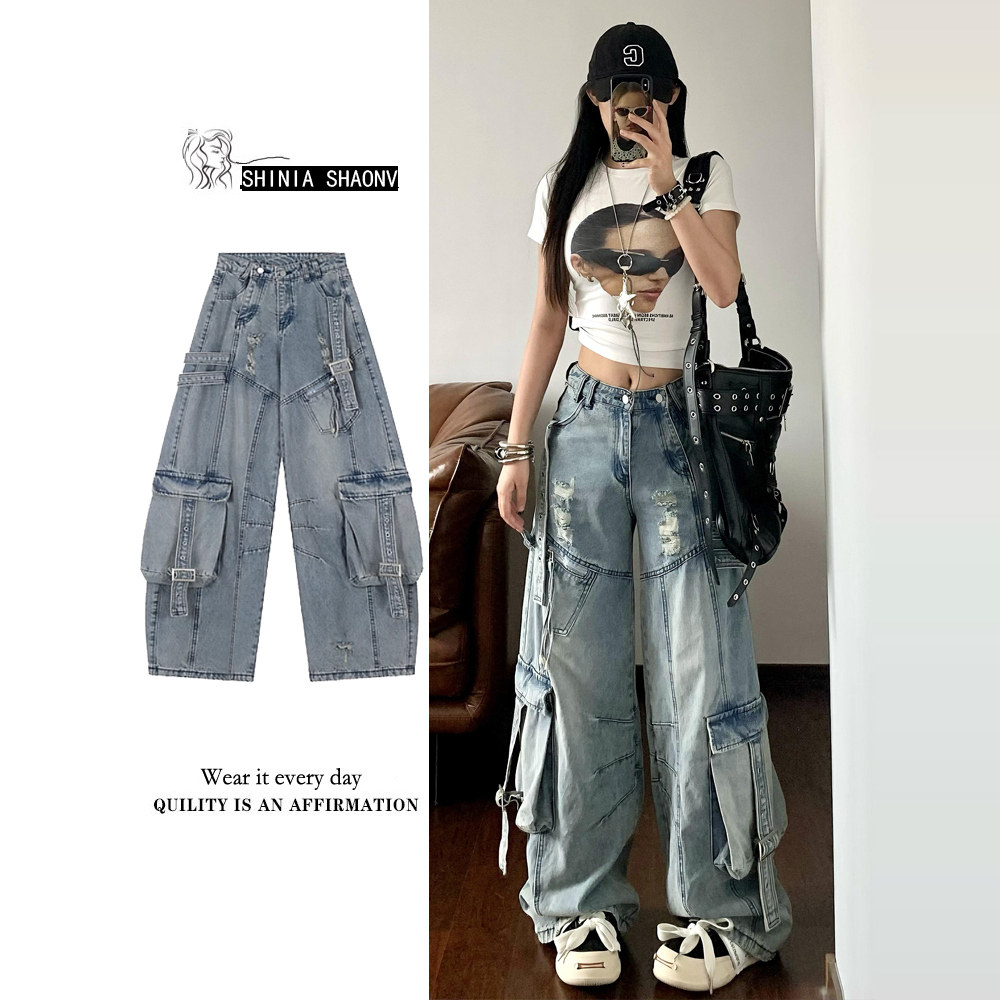 重工水洗磨破多口袋阔腿工装牛仔裤女美式辣妹宽松嘻哈跳舞直筒裤