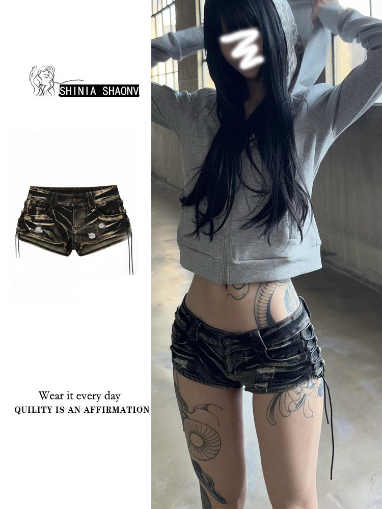 thumbnail for Washed black strappy denim ultra shorts women's retro low-waisted sexy slim slimming A-line hip-covering hot pants trend