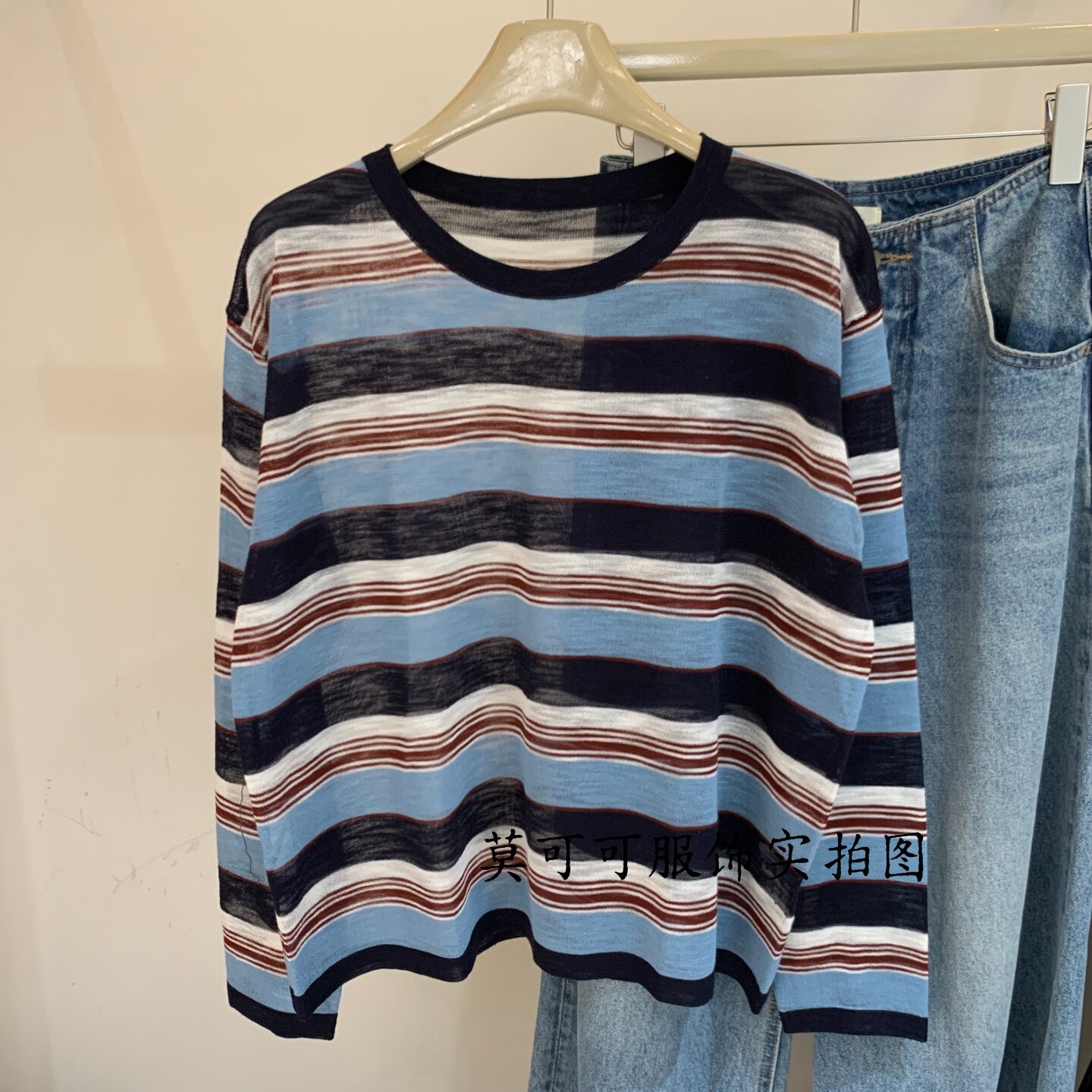 韩系条纹圆领女针织衫长袖薄款