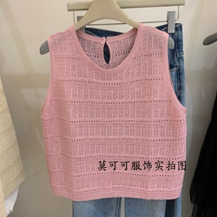 韩系镂空提花针织背心女无袖圆领薄款显瘦百搭减龄上衣z61325
