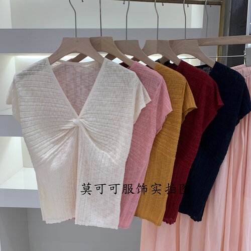 韩系V领扭结短袖针织上衣女显瘦