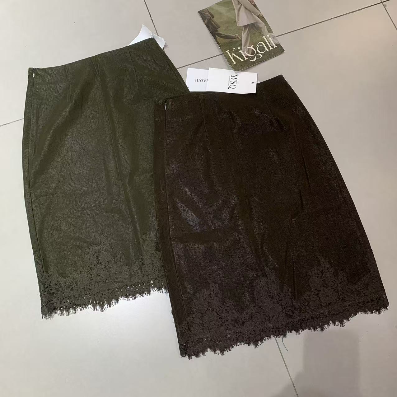 蕾丝拼接PU皮半身裙女中长款高腰显瘦百搭包臀裙一步裙潮G