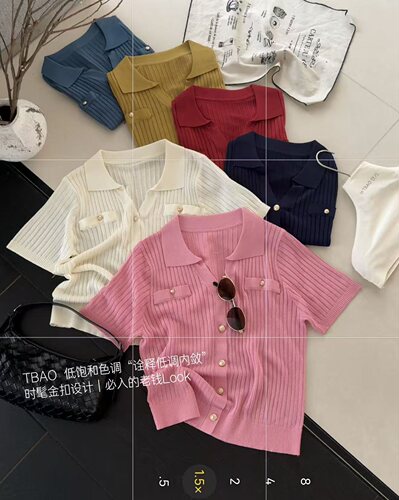 韩系翻领金扣短袖针织衫女夏季新款宽松显瘦百搭上衣z26256