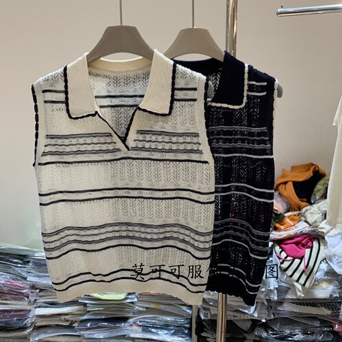撞色POLO领条纹镂空针织上衣女