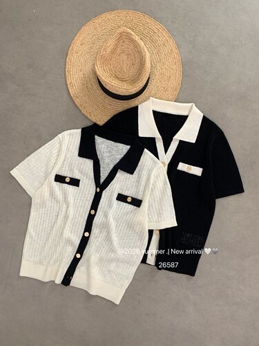撞色翻领金扣假口袋针织衫短袖女夏季新款显瘦洋气百搭上衣Z26587
