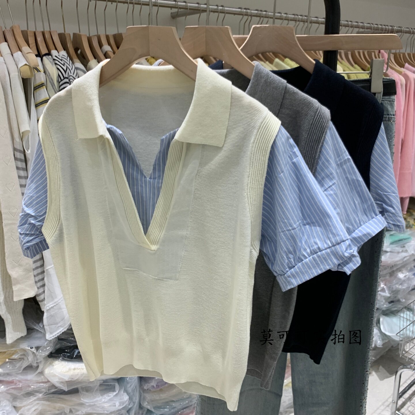 韩版假两件POLO领针织衫女短袖显瘦百搭撞色条纹拼接上衣71022