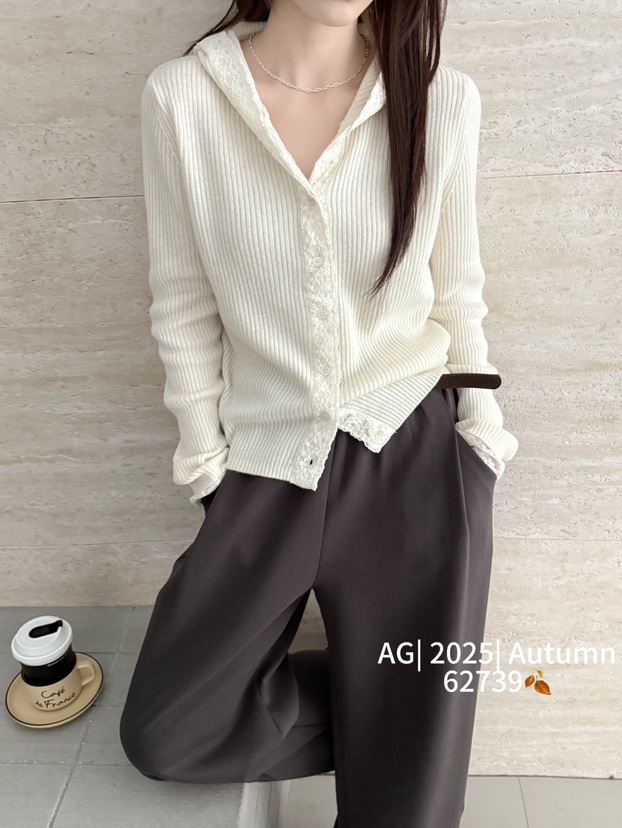 韩系新款设计感连帽蕾丝边针织衫