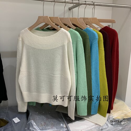 一字肩显瘦长袖套头毛衣女秋款
