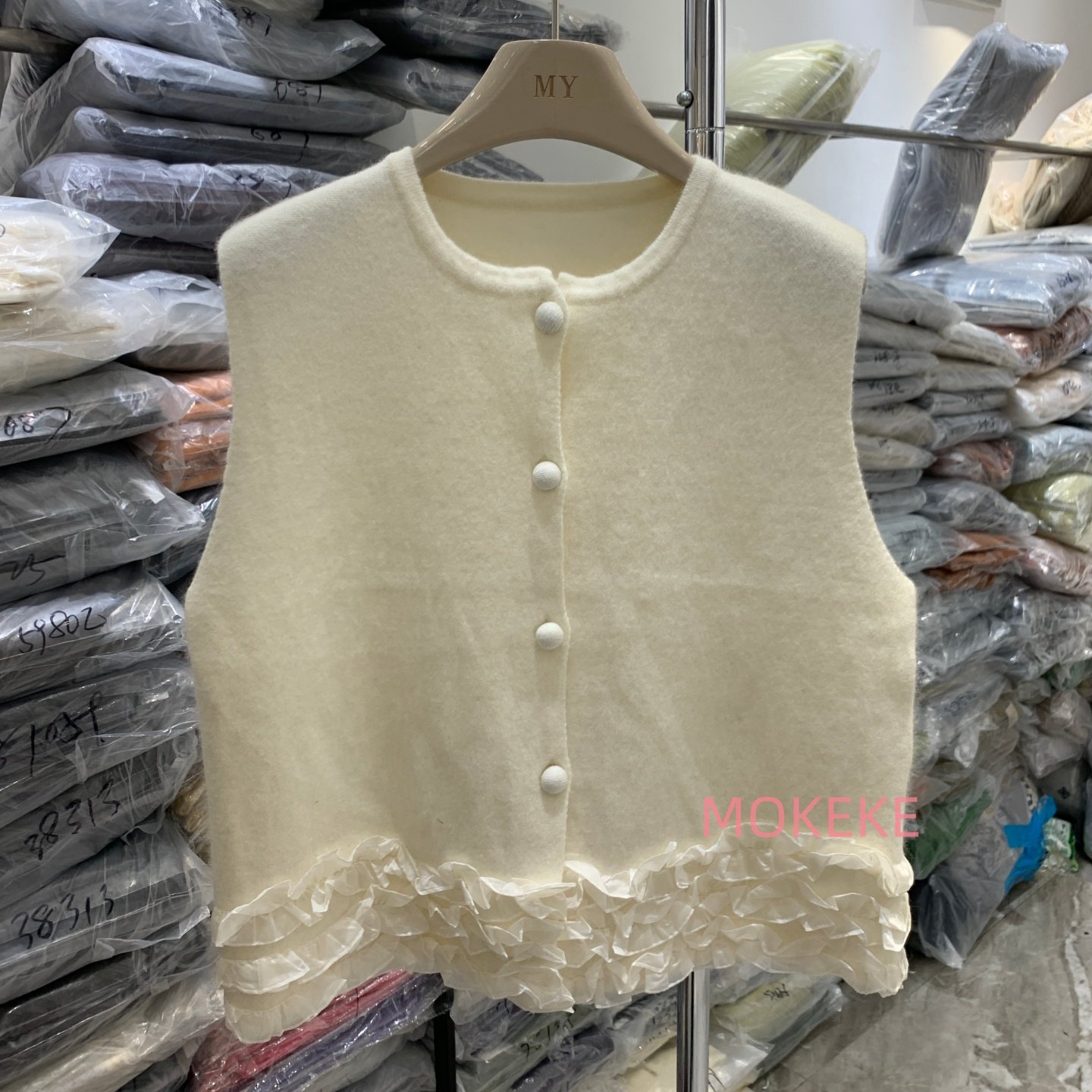 韩系新款小香马甲下摆欧根纱花边无袖镇针织衫女叠穿上衣衣