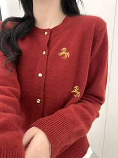 韩系新款 女软糯洋气百搭毛衣外套3382 圆领金扣刺绣针织开衫