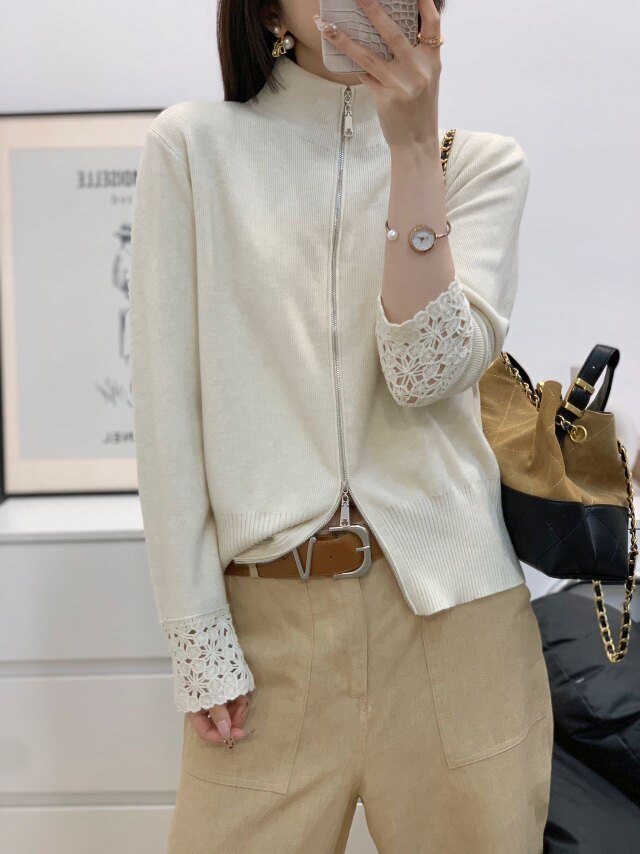 钩花袖口半高领针织衫长袖女秋季新款显瘦洋气毛衣外套M88071