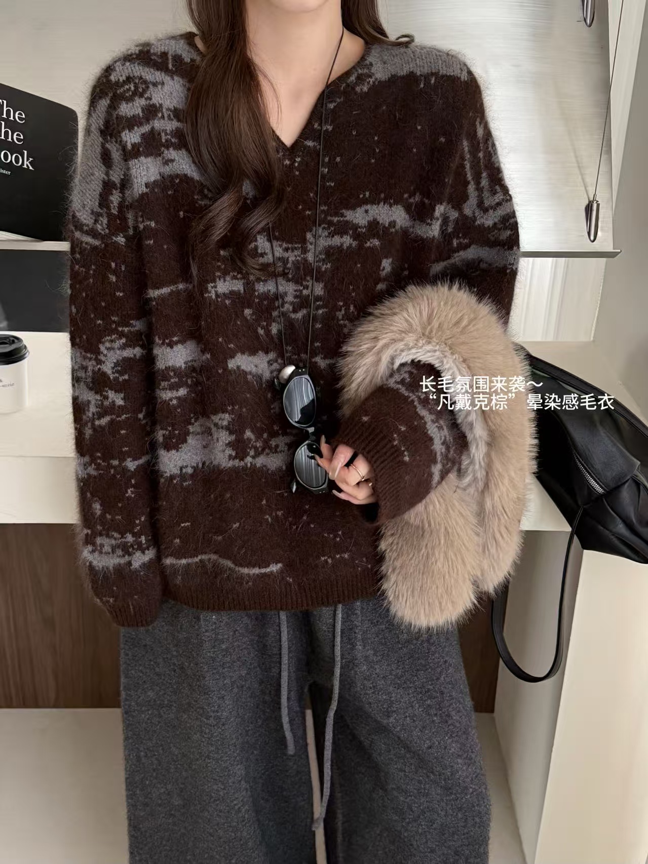 韩系新款圆领晕染提花羊毛兔毛针织衫女软糯洋气百搭慵懒风66107