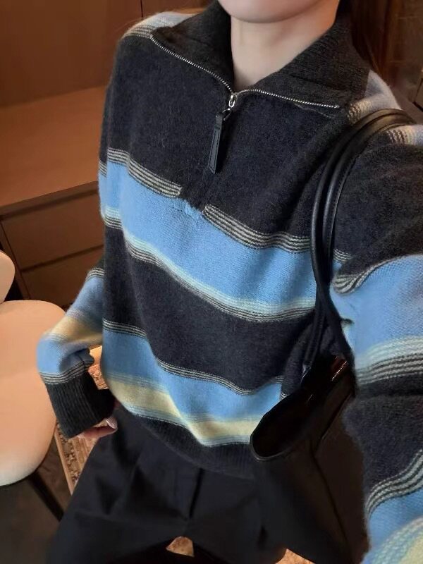 韩系撞色条纹半拉链立领针织衫长袖女百搭通勤毛衣上衣z68232