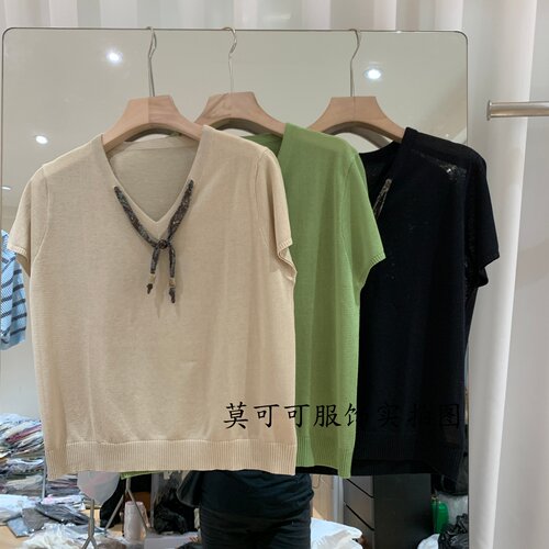 韩系V领丝巾系带短袖显瘦针织衫