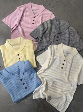 26春夏新款翻领三粒扣针织衫女短袖V领减龄上衣洋气百搭M899211