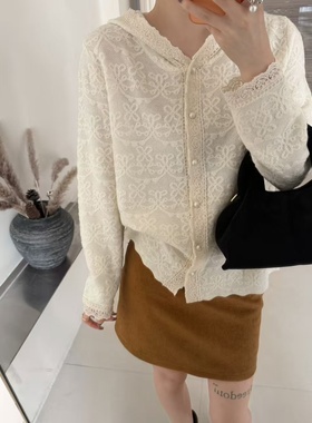 韩系新款连帽蕾丝钩花针织衫女软糯洋气百搭温柔风毛衣开衫61099