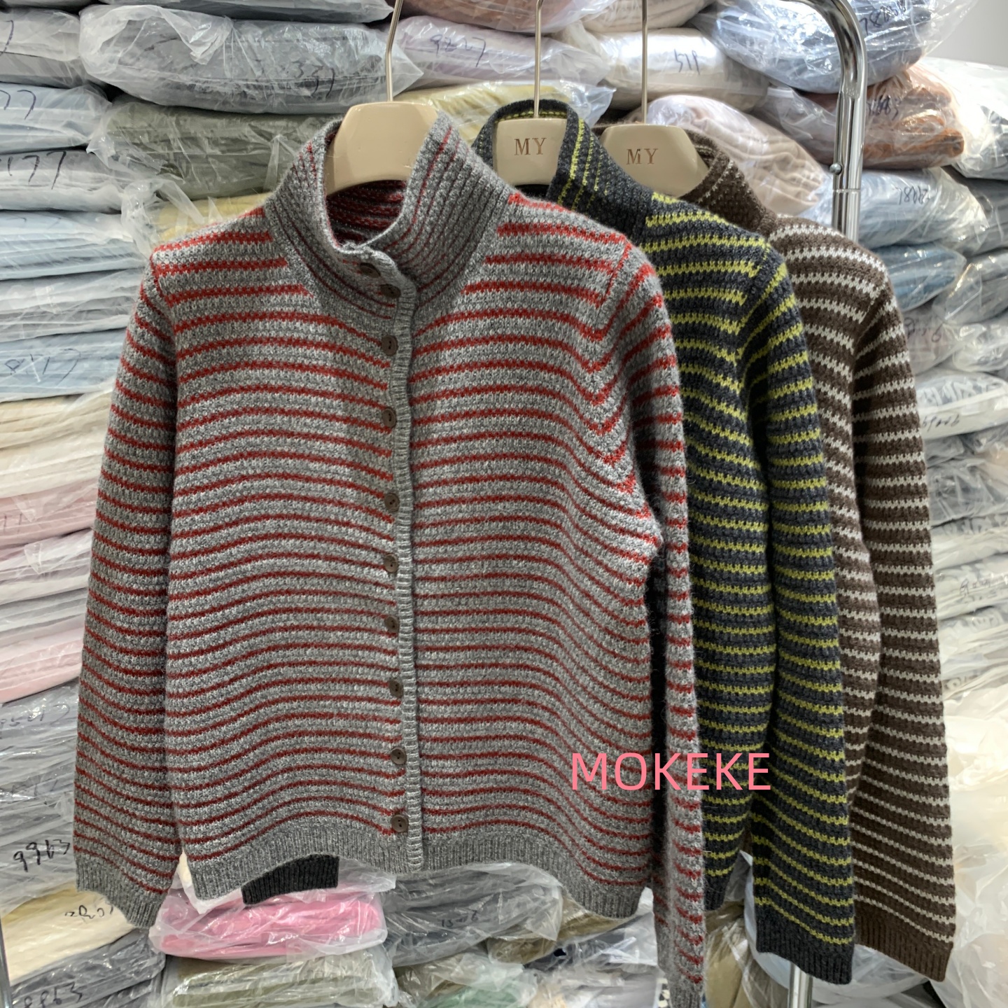 韩系新款高领拼色条纹针织开衫女