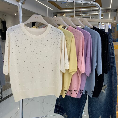 韩系烫钻圆领短袖软糯百搭针织衫