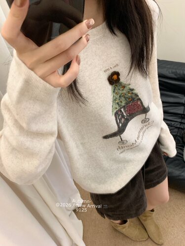 圣诞树印花长袖针织衫女秋冬新款软糯洋气百搭毛衣z9125