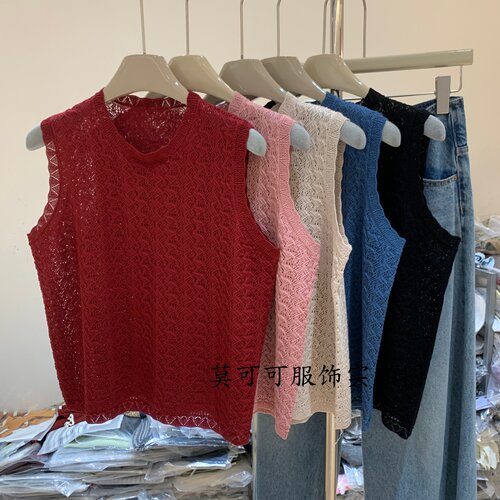 韩系花边镂空提花针织背心女夏季