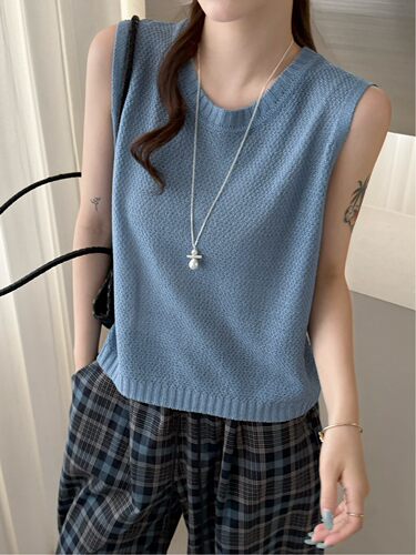 韩系圆领后背纽扣无袖针织衫女夏季新款宽松显瘦薄款上衣Z52139