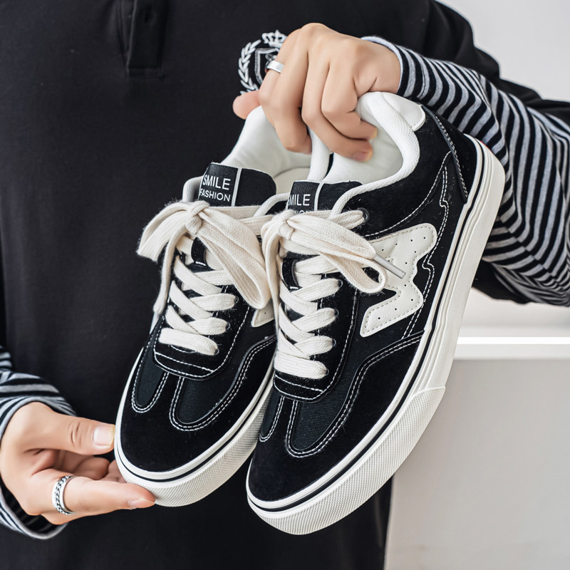 2026春季经典黑白翻毛皮帆布W系列拼接复古男女国潮德训滑板鞋男