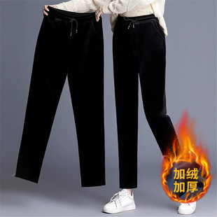 银边保暖 高腰加厚金丝绒直筒松紧休闲运动裤 中年妈妈加绒裤 女大码