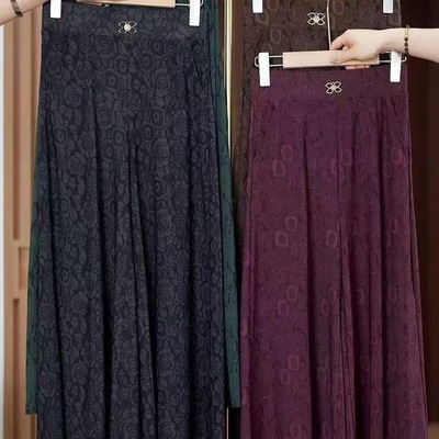 夏季新款裙裤中老年显瘦弹力妈妈印花裤子女高腰显阔腿休闲大码