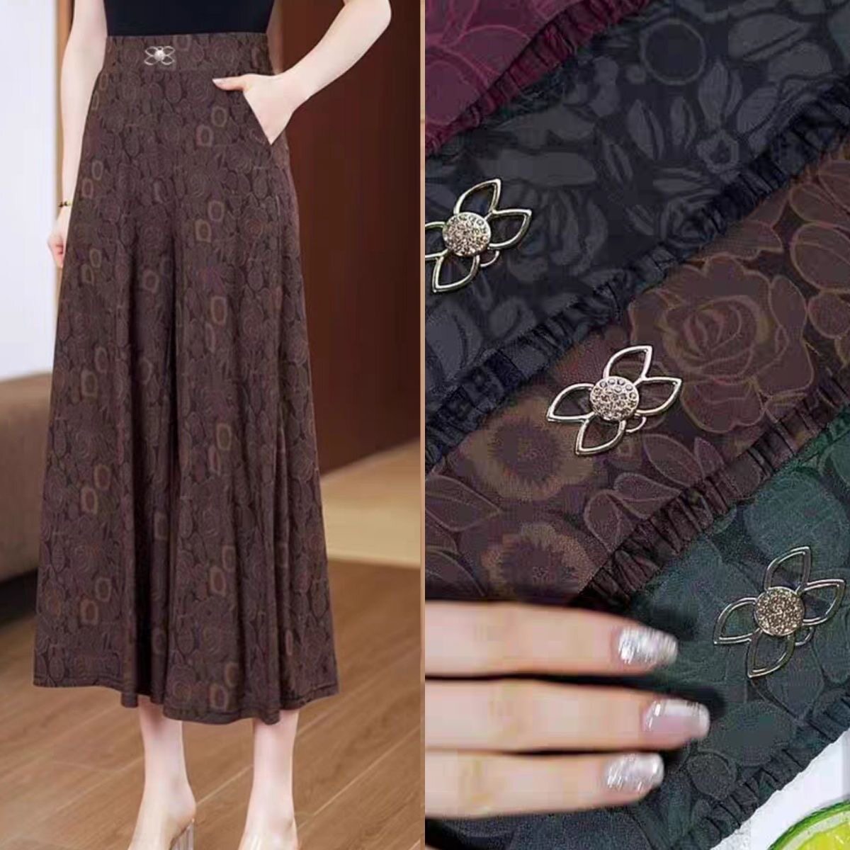 夏季新款阔腿妈妈裙裤女高腰中老年印花大码休闲阔腿裤国风大脚裤