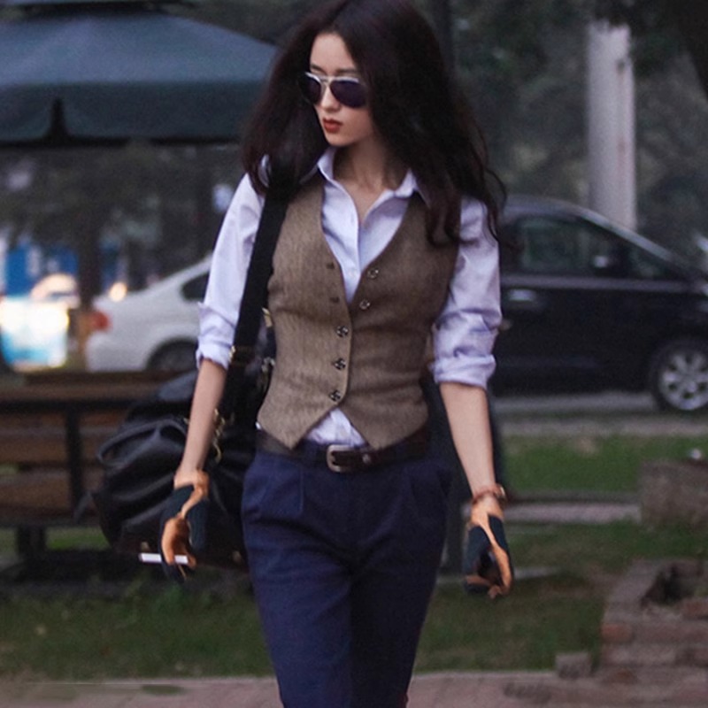 外套女短款春秋英伦风西装马甲女士中性复古人字毛呢背心修身骑马