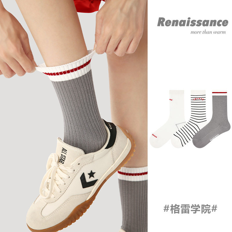 Renaissance原创女袜春夏季条纹字母中筒袜简约学院风精梳棉袜子