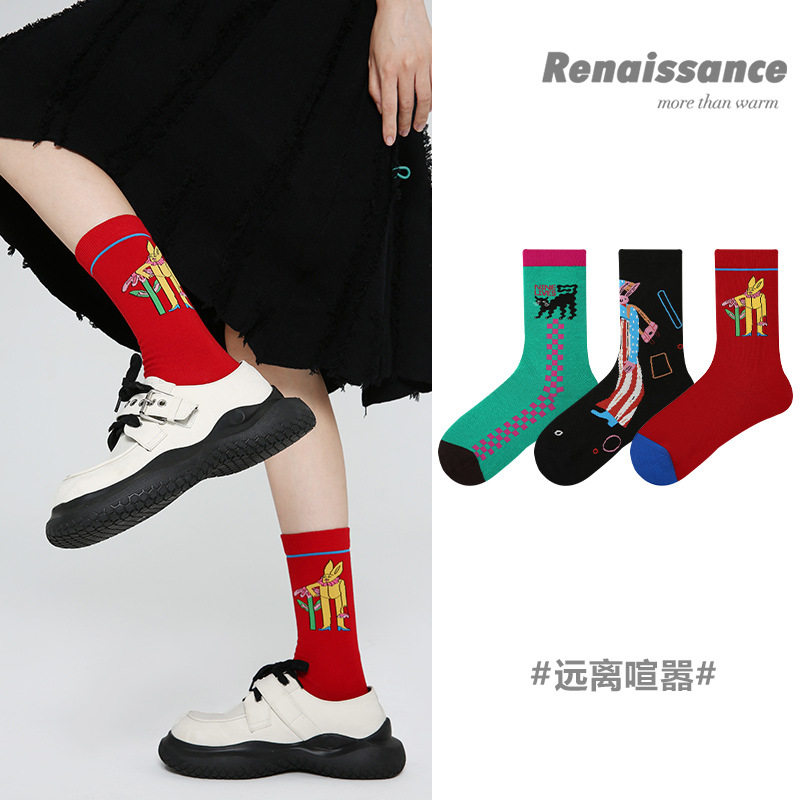 文艺复兴原创设计中筒袜抽象猫咪插画潮流女袜ins风网红棉袜子女