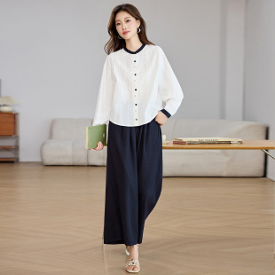 新款 宽松长袖 拼接衬衫 时尚 两件套裤 2026春季 阔腿裤 LT2803 休闲套装