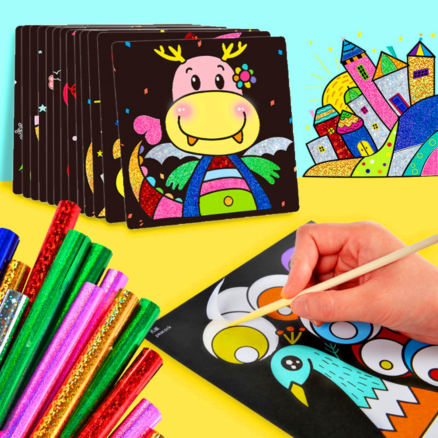 儿童手工DIY制作材料包炫彩魔幻艺术贴纸转移贴画女孩玩具斑彩贴