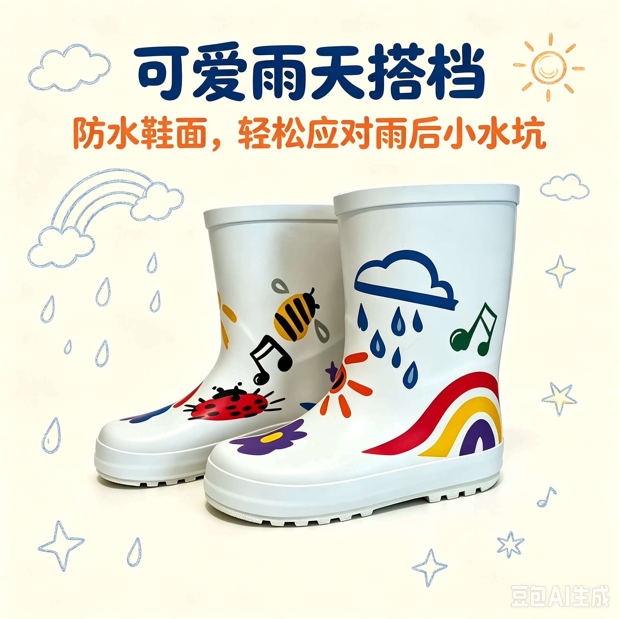 唯美辉卡通涂鸦中筒雨靴儿童男女孩防水防滑可爱外穿雨鞋靴