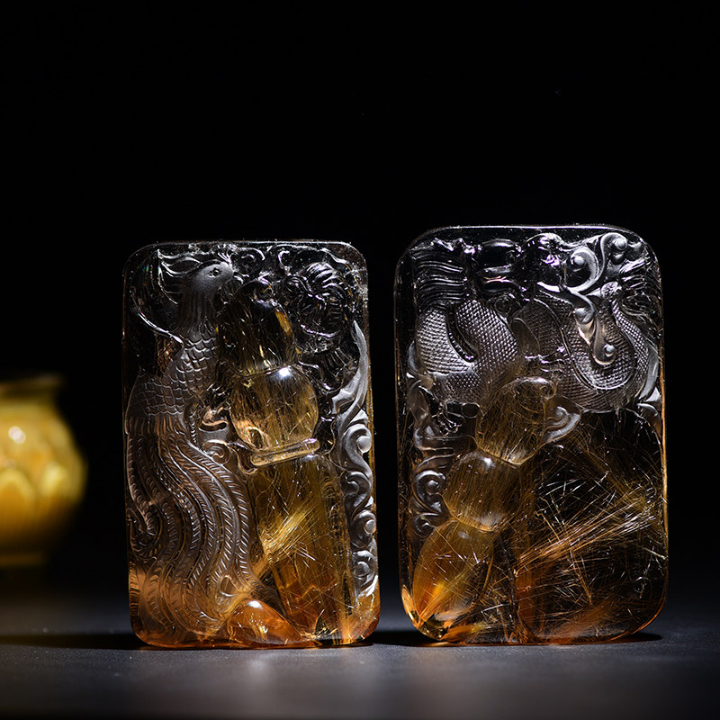 金发晶钛晶龙凤牌摆件手把件 天然水晶四季豆连中三元节节高寓意