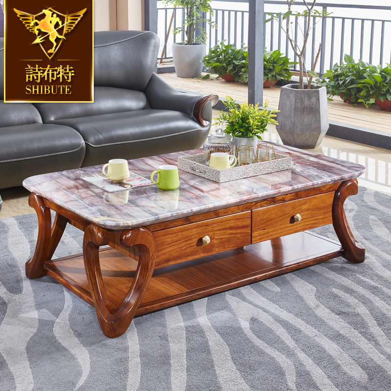 诗布特进口非洲乌金木实木天然大理石茶几实木奢华欧式储物茶几