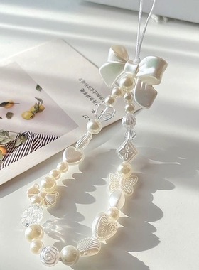甜美系少女手机挂绳白色蝴蝶结配饰挂链适用手机壳链条ccd相机链包包挂绳ins风串珠手腕式 DOB