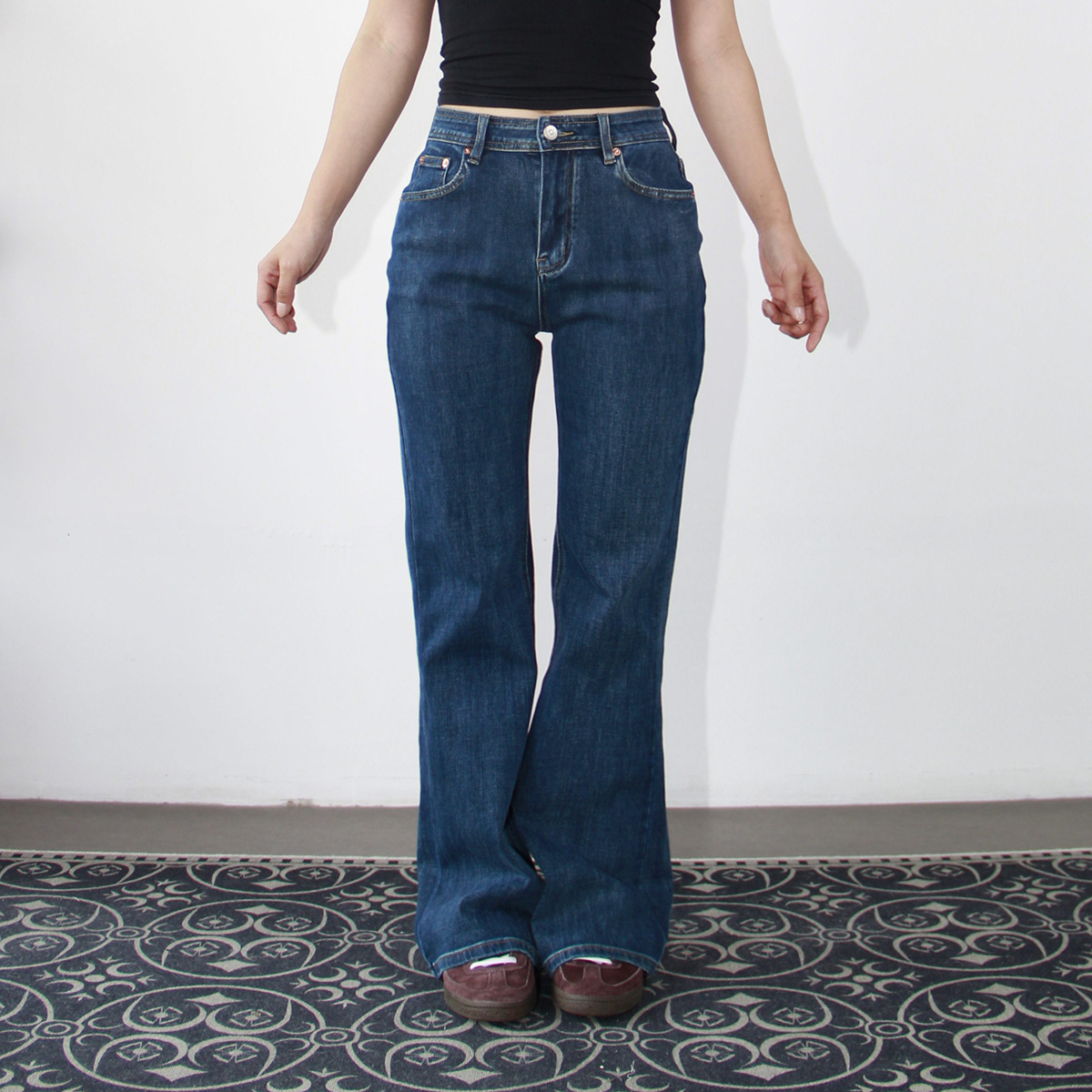 Ravehouse简约洗水梨形四面弹大弹力蓝色长裤牛仔裤喇叭裤