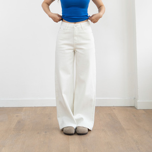 Ravehouse梨形腰细跨宽显瘦白色百搭宽松四面弹阔腿长裤 牛仔裤