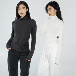 Ravehouse褶皱设计感软软糯糯堆堆领翻领高领打底上衣长袖