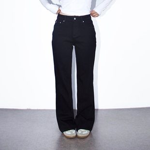 Ravehouse简约百搭梨形腰细胯宽显瘦不易掉色黑色弹力梨形牛仔裤