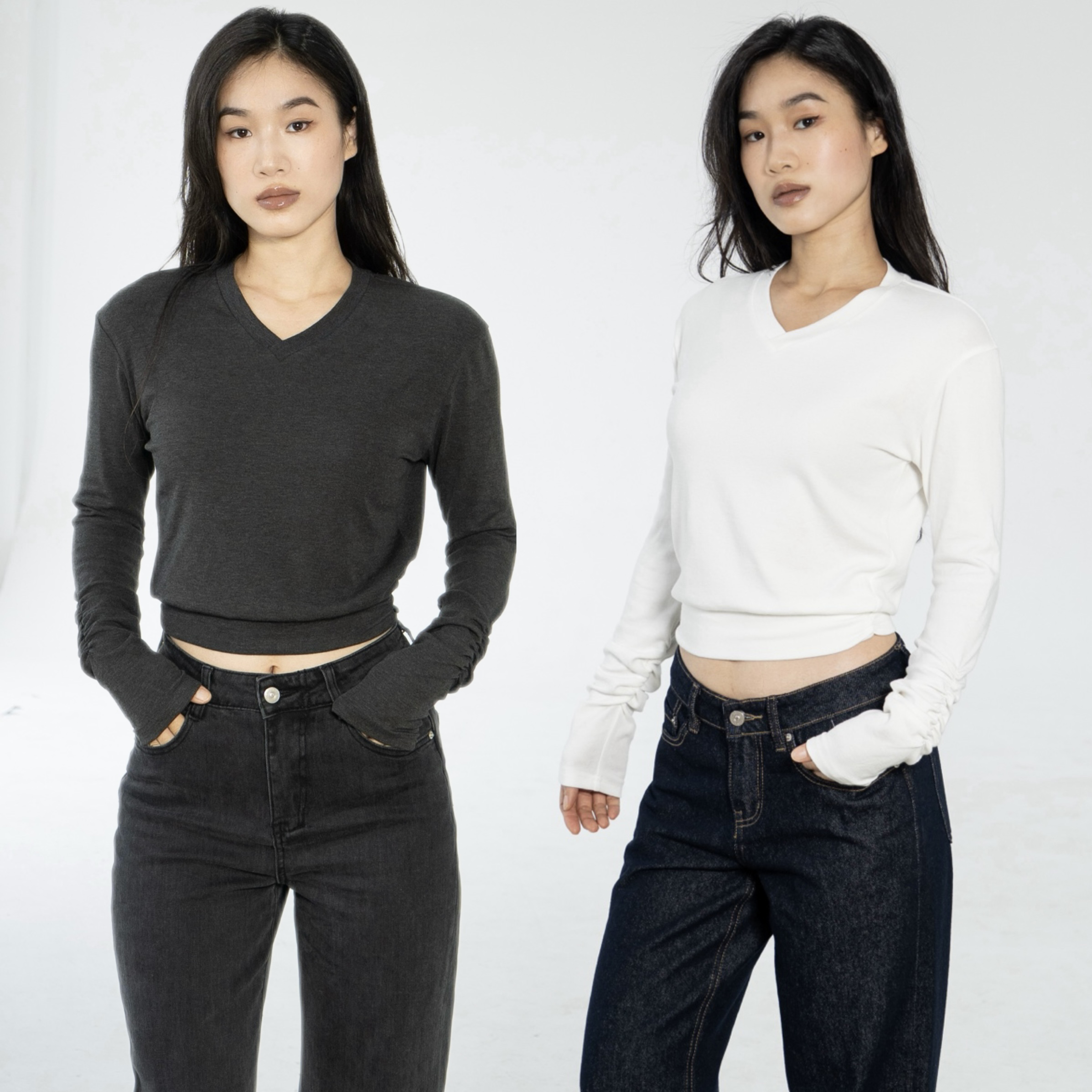 Ravehouse梨形显瘦外穿内搭百搭v领褶皱收腰上衣长袖