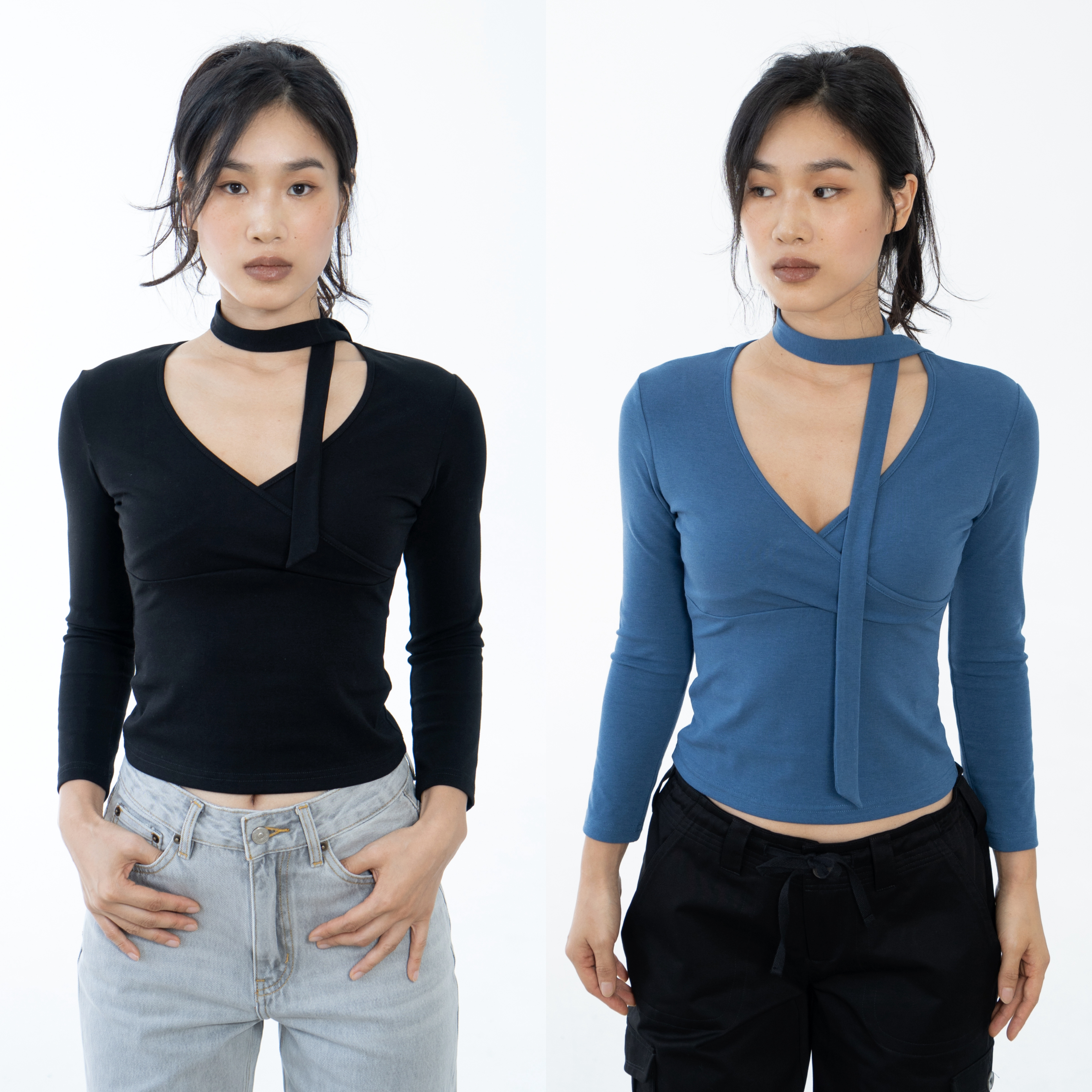 Ravehouse9分修身紧身法式辣妹交叉低领棉长袖上衣女秋冬