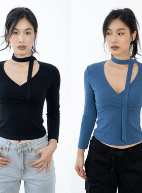 Ravehouse9分修身紧身法式辣妹交叉低领棉长袖上衣女秋冬
