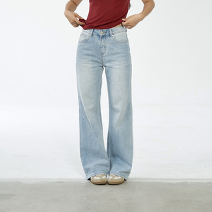 Ravehouse梨形腰细胯宽显瘦显腿长莱赛尔棉浅色牛仔长裤 春夏秋