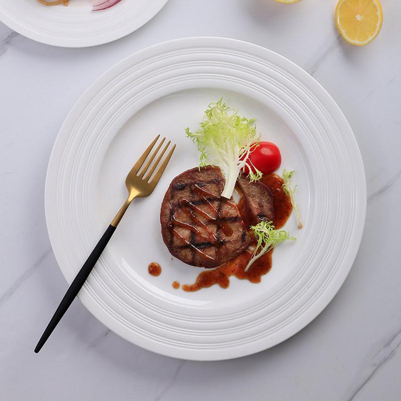 纯白骨瓷西餐盘牛排盘点心盘 家用餐厅圆形线纹平盘浅盘餐具盘子