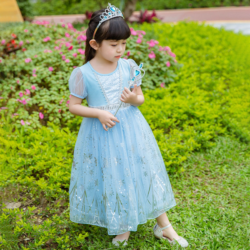 网红夏季童装女童连衣裙儿童泡泡袖艾莎公主裙韩版礼服礼物