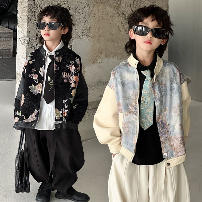 潮帅气男童皮衣外套韩版2025秋新款儿童夹克衫中国风男孩炸街套装