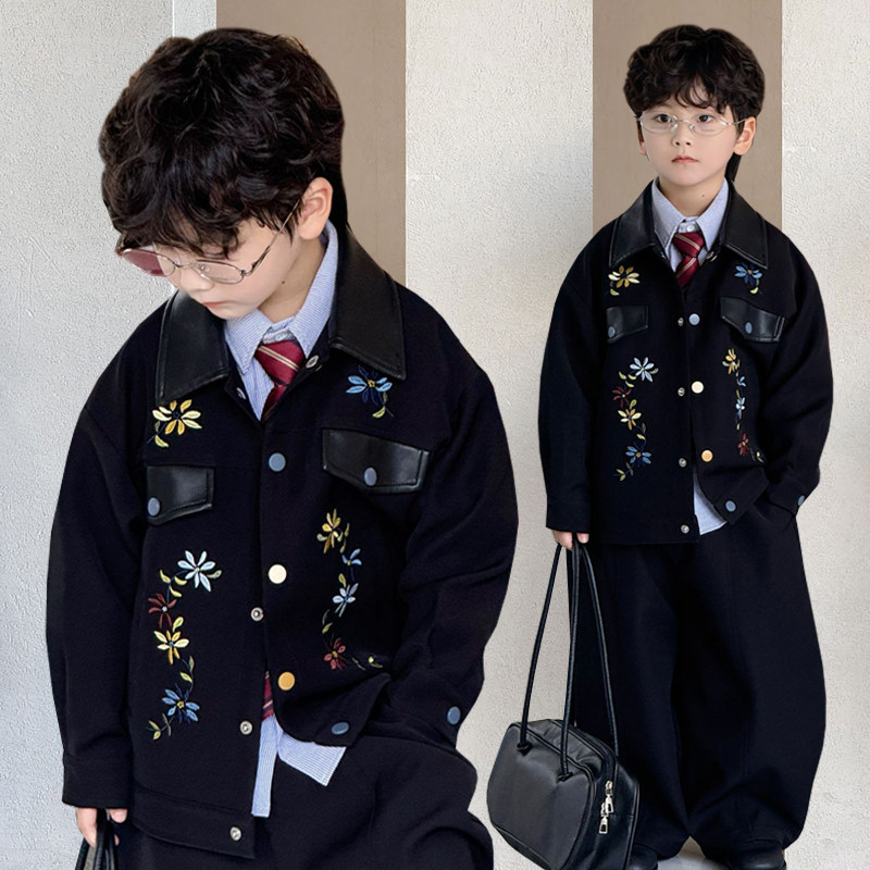男童西装套装春秋帅气时髦儿童外套刺绣夹克上衣潮酷男孩走秀礼服